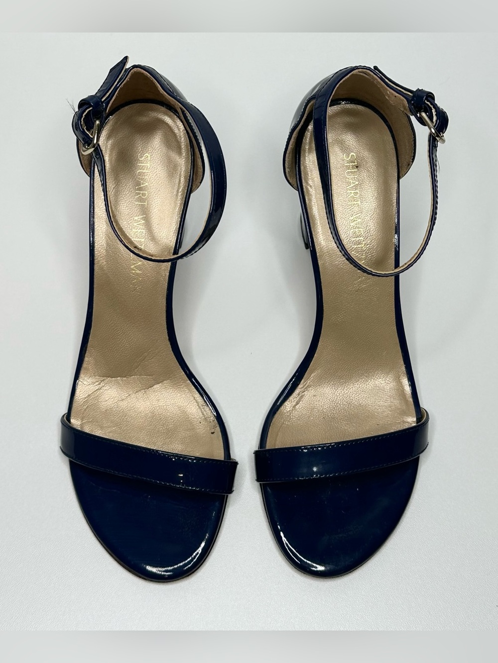 Stuart Weitzman Navy Blue Patent Leather Nudist Curve Heels Shoes Sandal - Picture 2 of 12